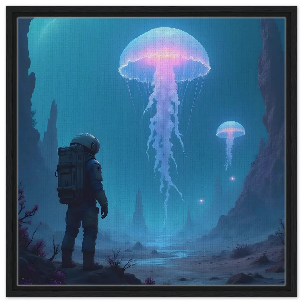 Framed astronaut gazing at giant jellyfish in a space-themed canvas artwork