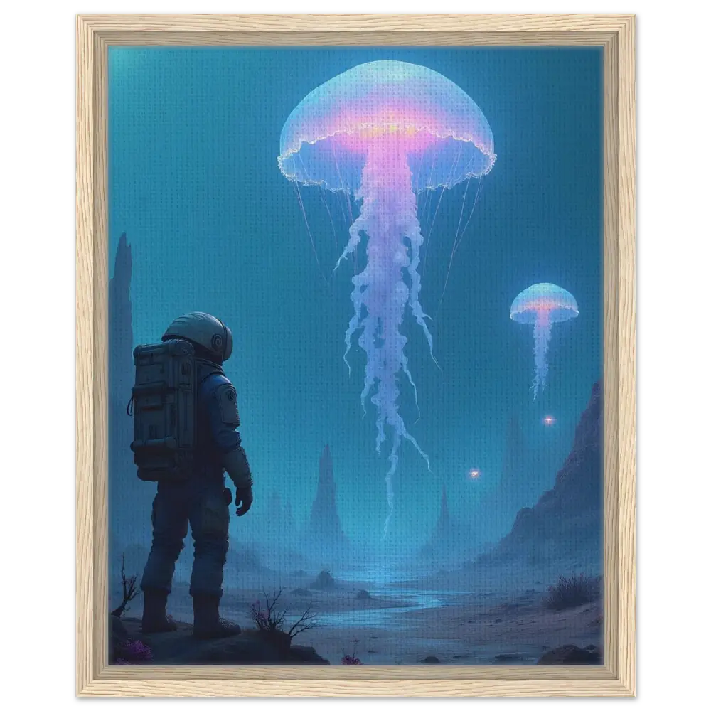 Framed astronaut and jellyfish artwork on canvas titled Deep Drift Encounter by PixiOnyx