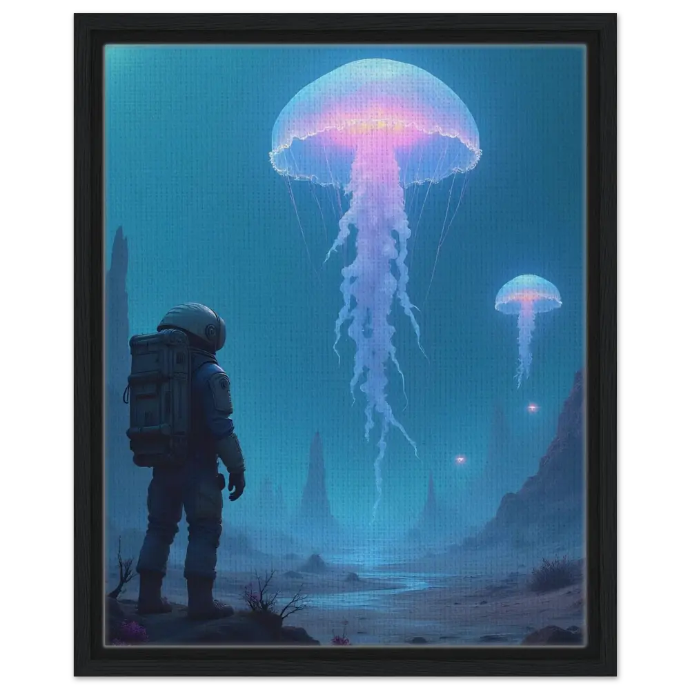 Framed astronaut and jellyfish artwork on canvas for Space Jellyfish First Contact display