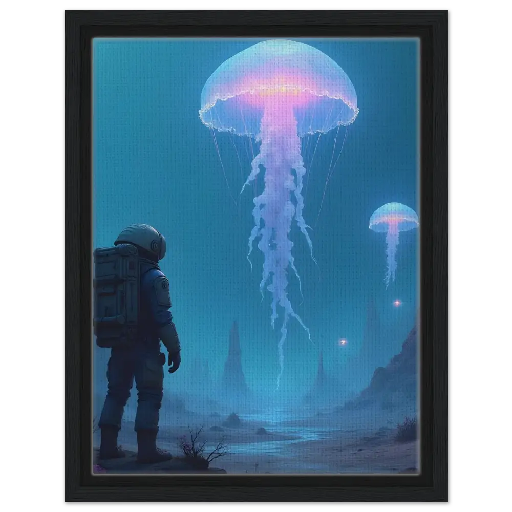 Framed astronaut and jellyfish artwork on canvas for Deep Drift Encounter PixiOnyx space theme
