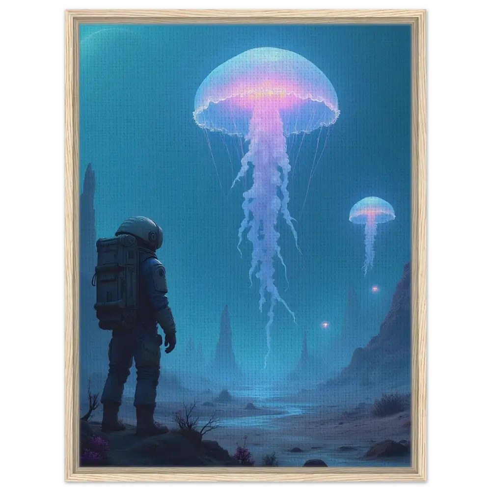 Framed canvas artwork featuring an astronaut and jellyfish scene titled Deep Drift Encounter