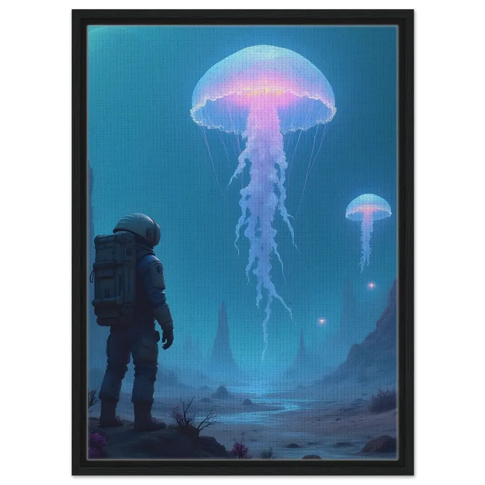 Framed astronaut and jellyfish artwork for PixiOnyx Space Jellyfish First Contact canvas