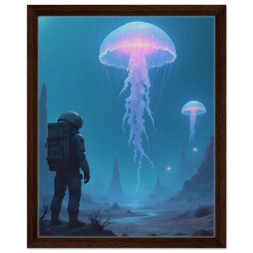 Framed astronaut and jellyfish artwork on canvas titled Deep Drift Encounter by PixiOnyx