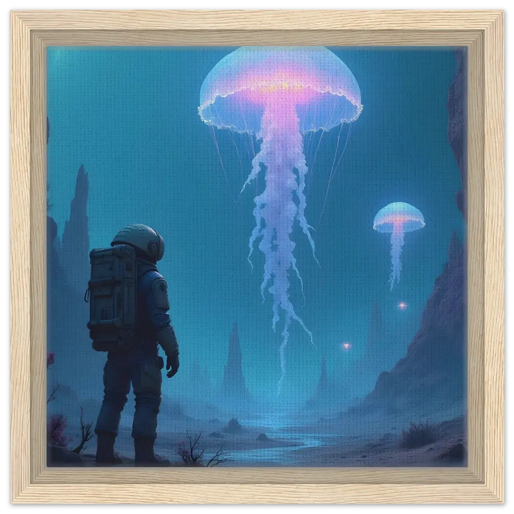 Framed Canvas depicting Deep Drift Encounter with astronaut and space jellyfish scene