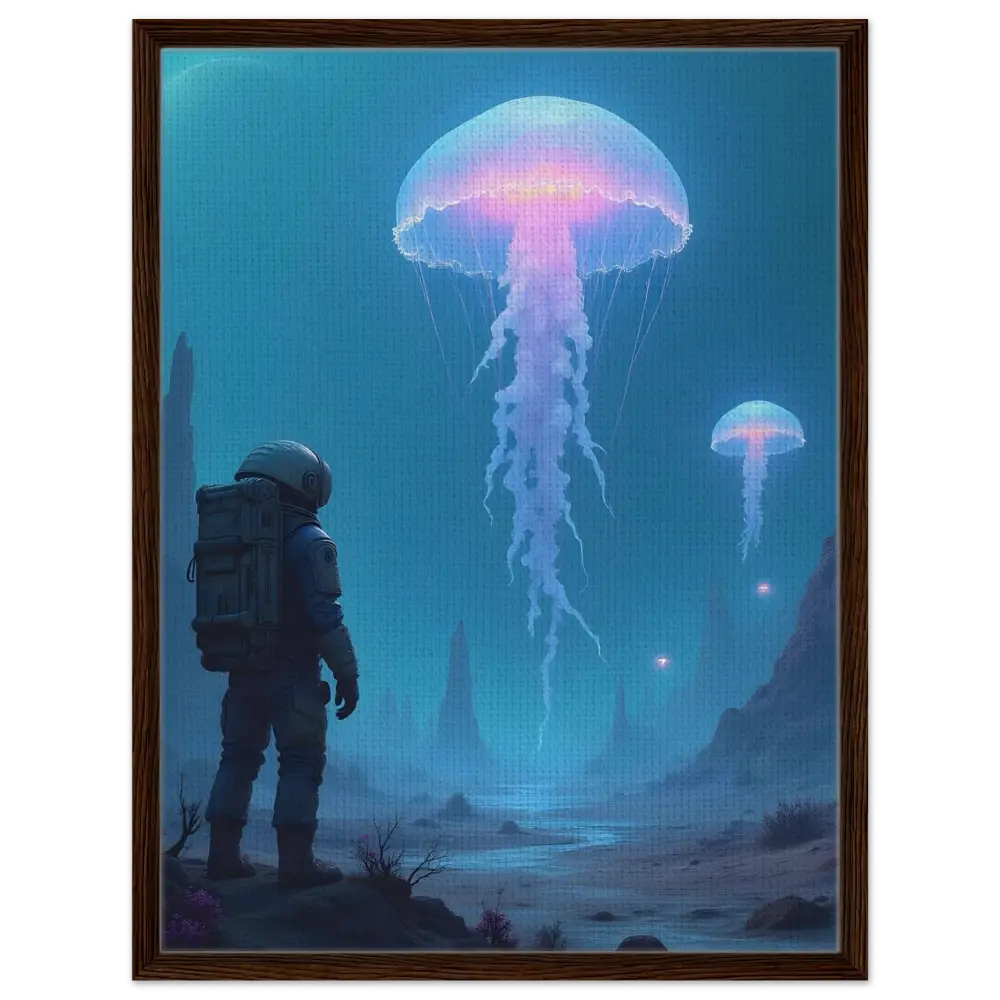 Framed astronaut and jellyfish artwork on canvas for Deep Drift Encounter PixiOnyx space scene