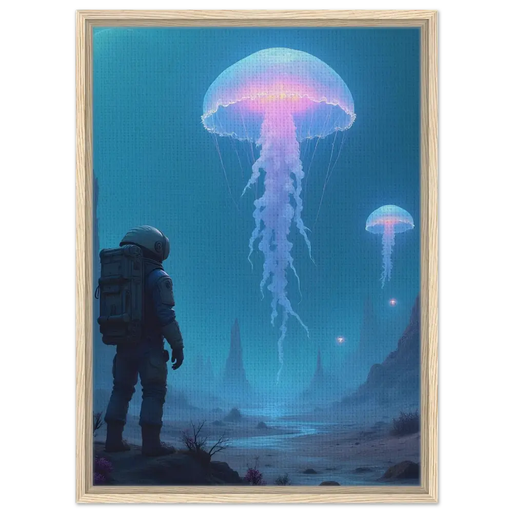 Framed Canvas artwork featuring astronaut and jellyfish from PixiOnyx Space Jellyfish First Contact