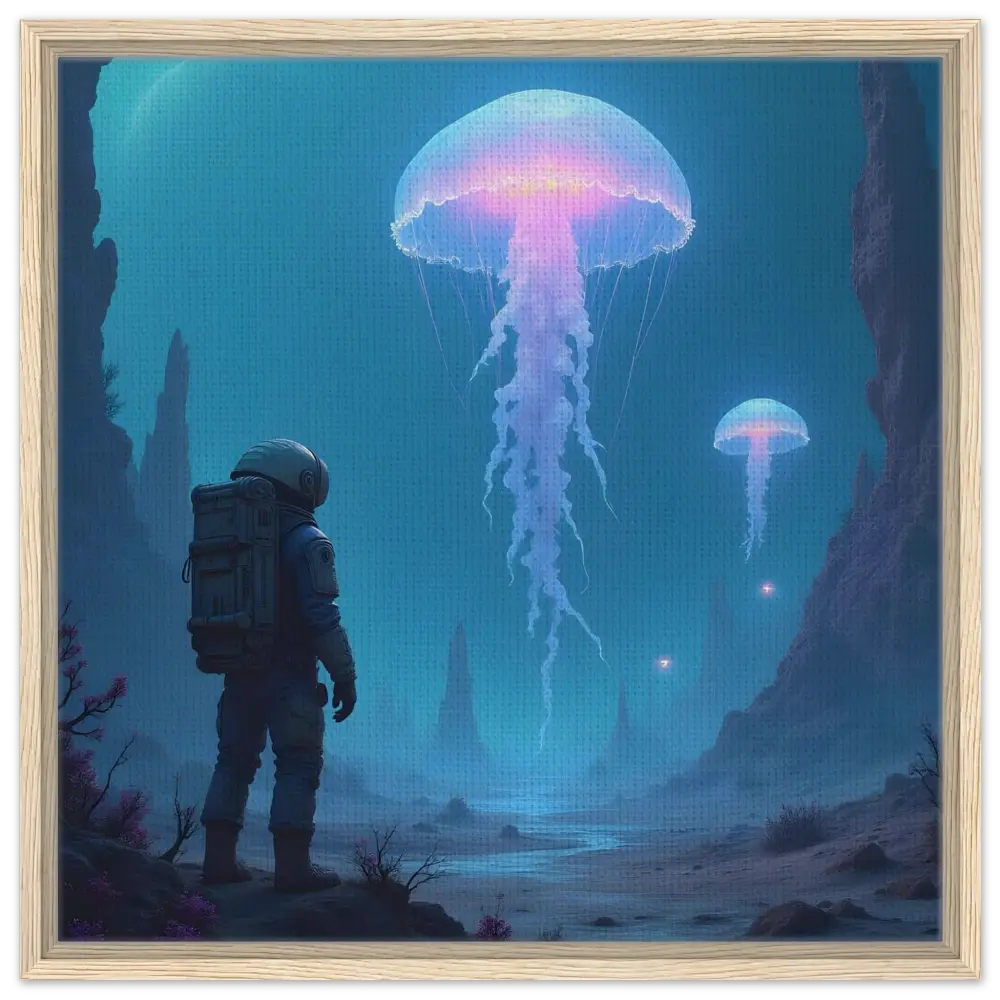 Framed astronaut and jellyfish scene from PixiOnyx Space Jellyfish First Contact canvas art