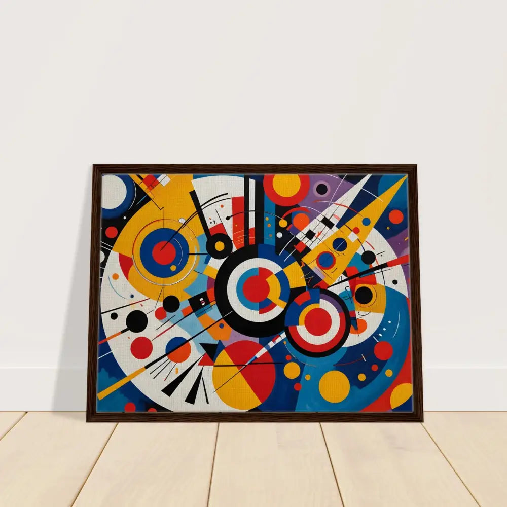 Framed abstract geometric painting from PixiOnyx displaying dynamic balance and vibrant shapes