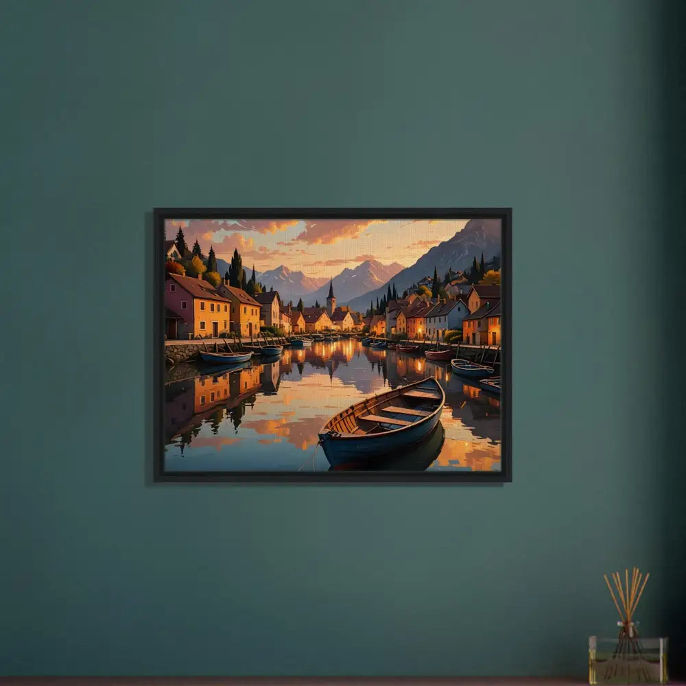 Framed lakeside village painting on canvas in Twilight Frame by PixiOnyx Gallery