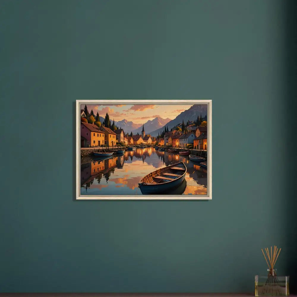 Framed painting of a lakeside village at sunset in PixiOnyx Gallery Twilight Frame