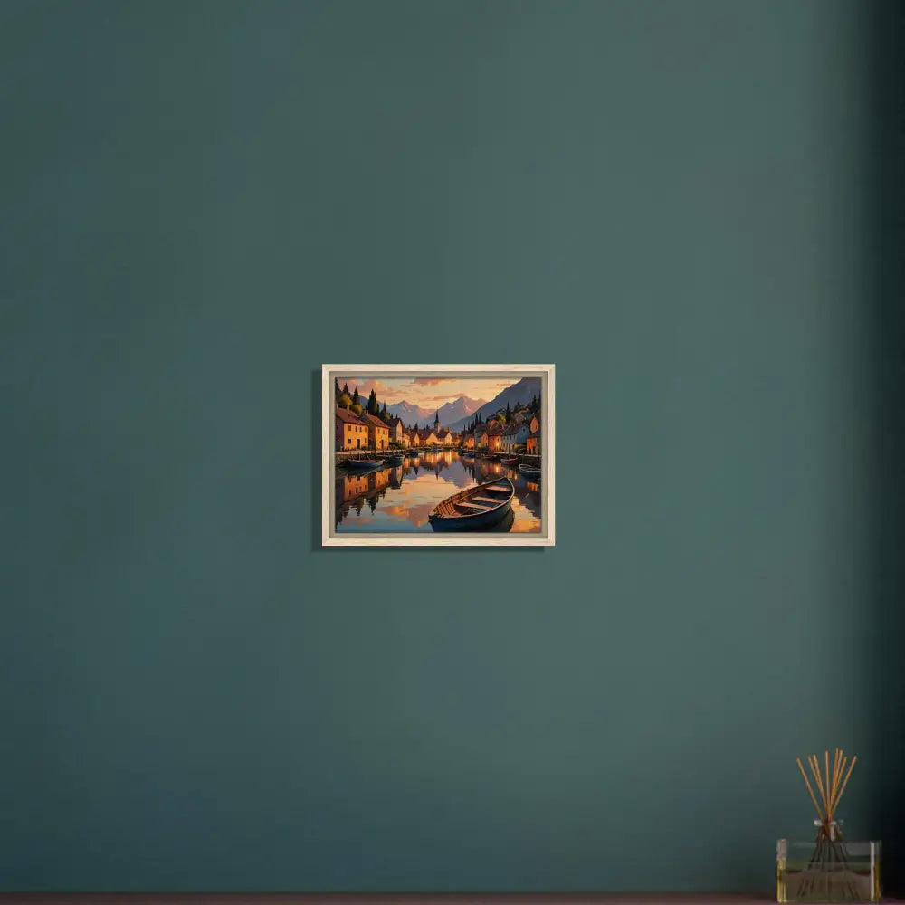 Framed landscape painting titled Evening Glow on the Water by PixiOnyx Gallery Twilight Frame