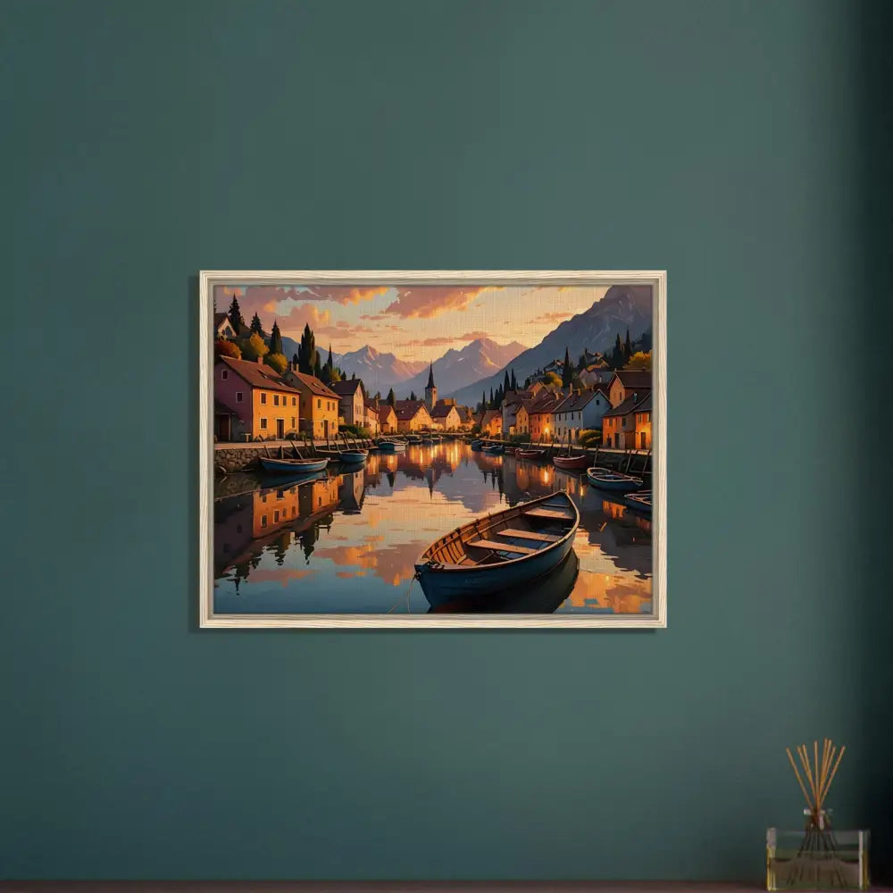 Framed painting of a waterside village on the PixiOnyx Gallery Twilight Frame