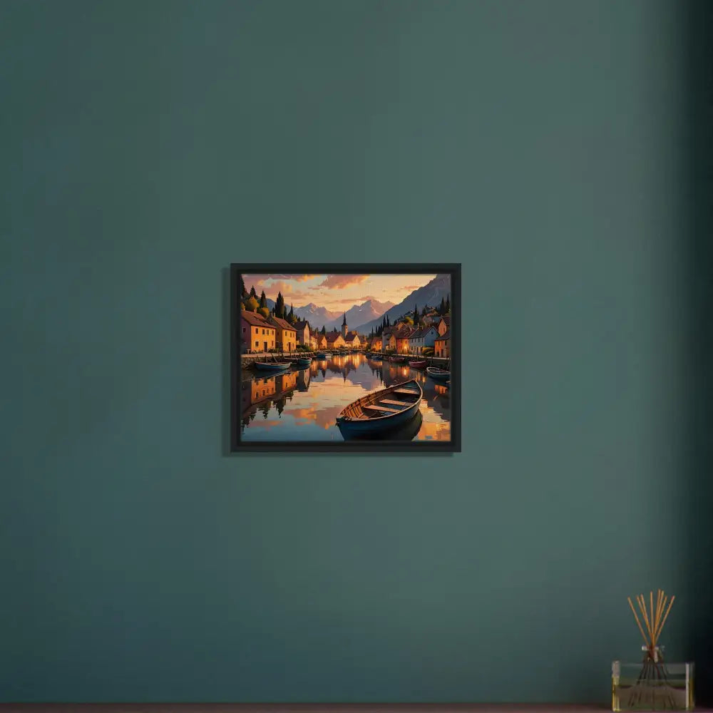Framed lakeside village painting displayed in PixiOnyx Gallery Twilight Frame