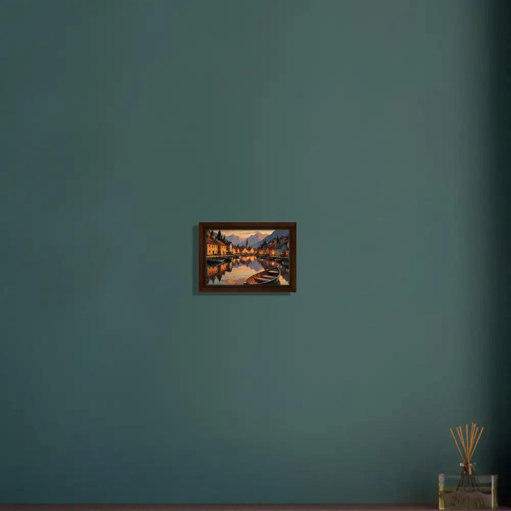 Framed landscape painting titled Evening Glow on the Water in PixiOnyx Gallery Twilight Frame