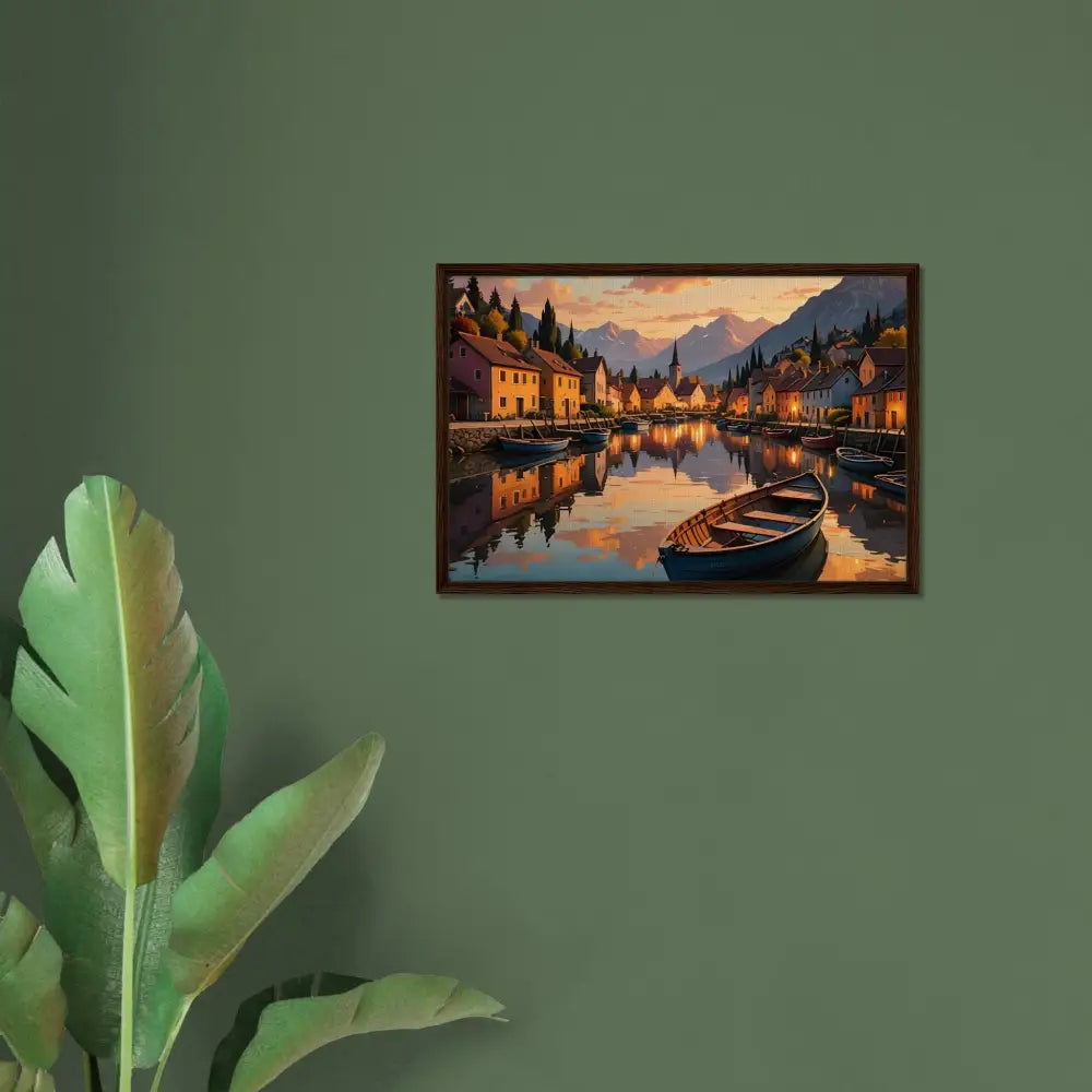 Framed village canal painting called Evening Glow on the Water by PixiOnyx Gallery