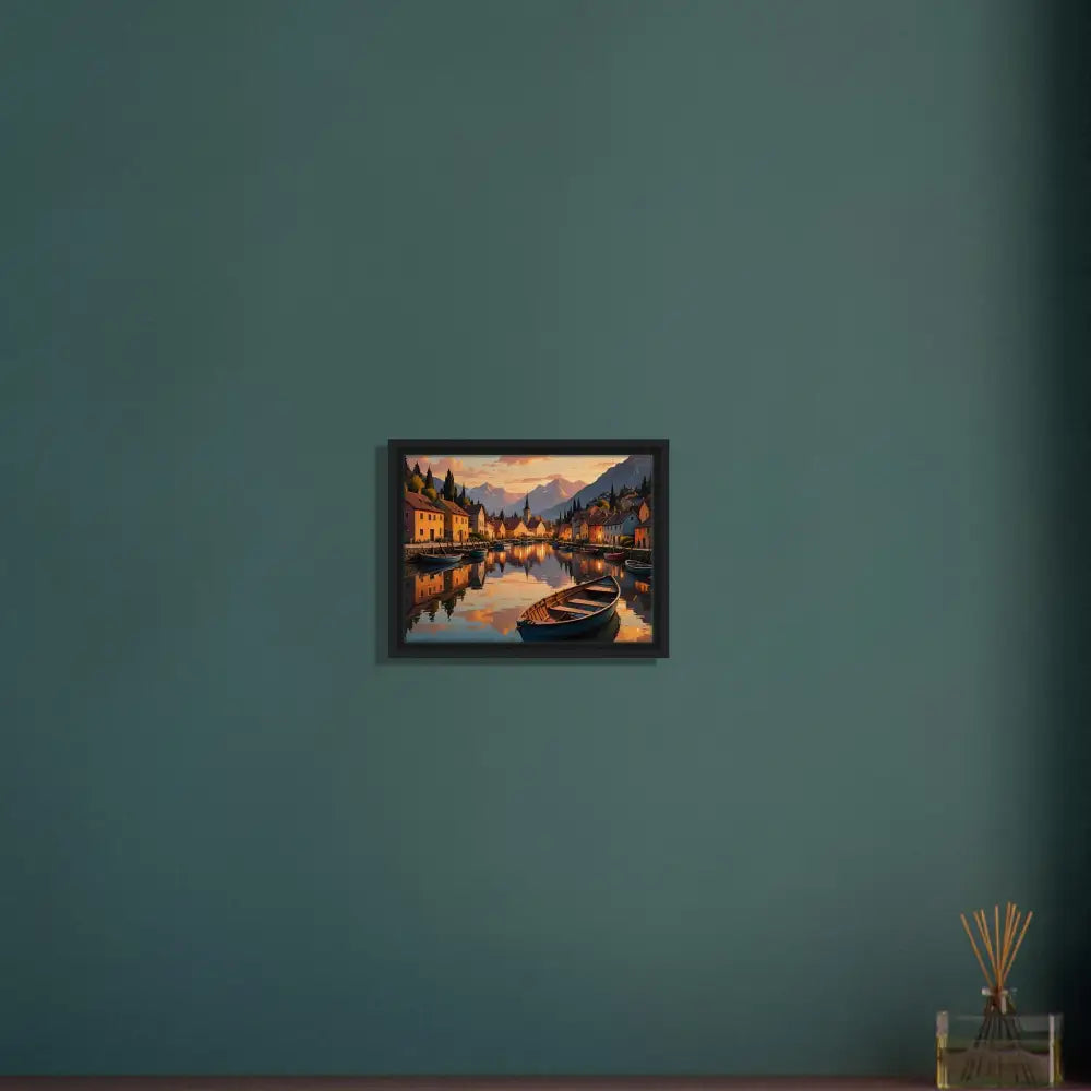 Framed lake town painting titled Evening Glow on the Water in PixiOnyx Gallery Twilight Frame