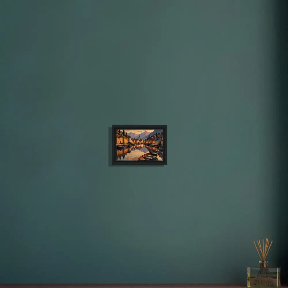Framed canvas painting of a canal scene titled Evening Glow on the Water at PixiOnyx Gallery