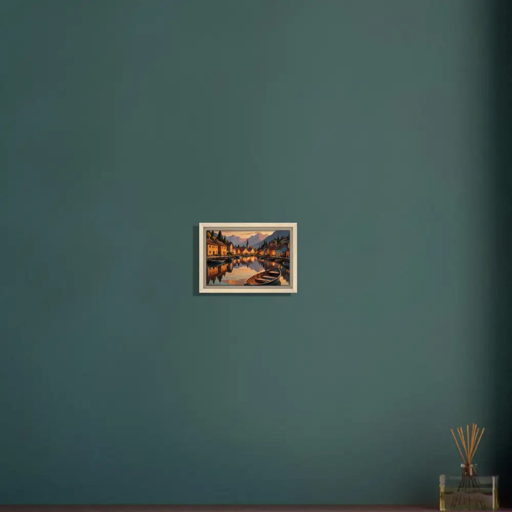 Framed painting of a lakeside town with evening glow at PixiOnyx Gallery Twilight Frame