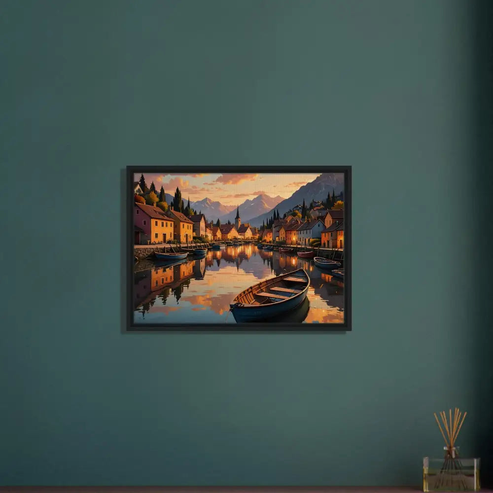 Framed painting of a lakeside village on PixiOnyx Gallery Twilight Frame