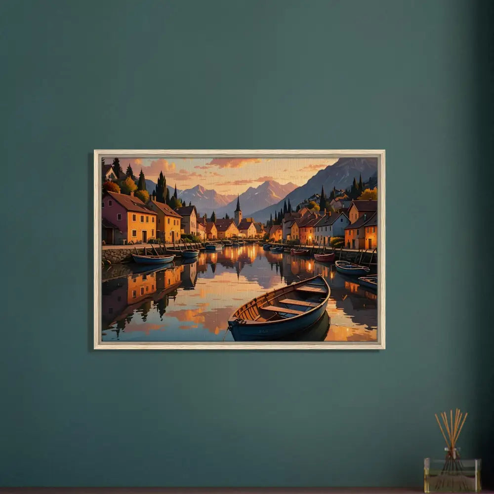 Framed European village painting on canvas displayed in Twilight Frame PixiOnyx Gallery