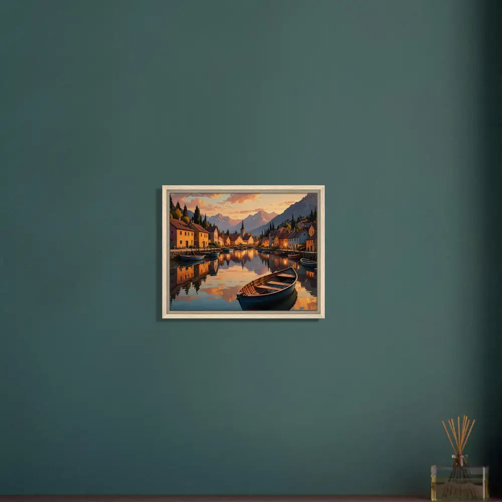 Framed painting of a lakeside village on the PixiOnyx Gallery Twilight Frame