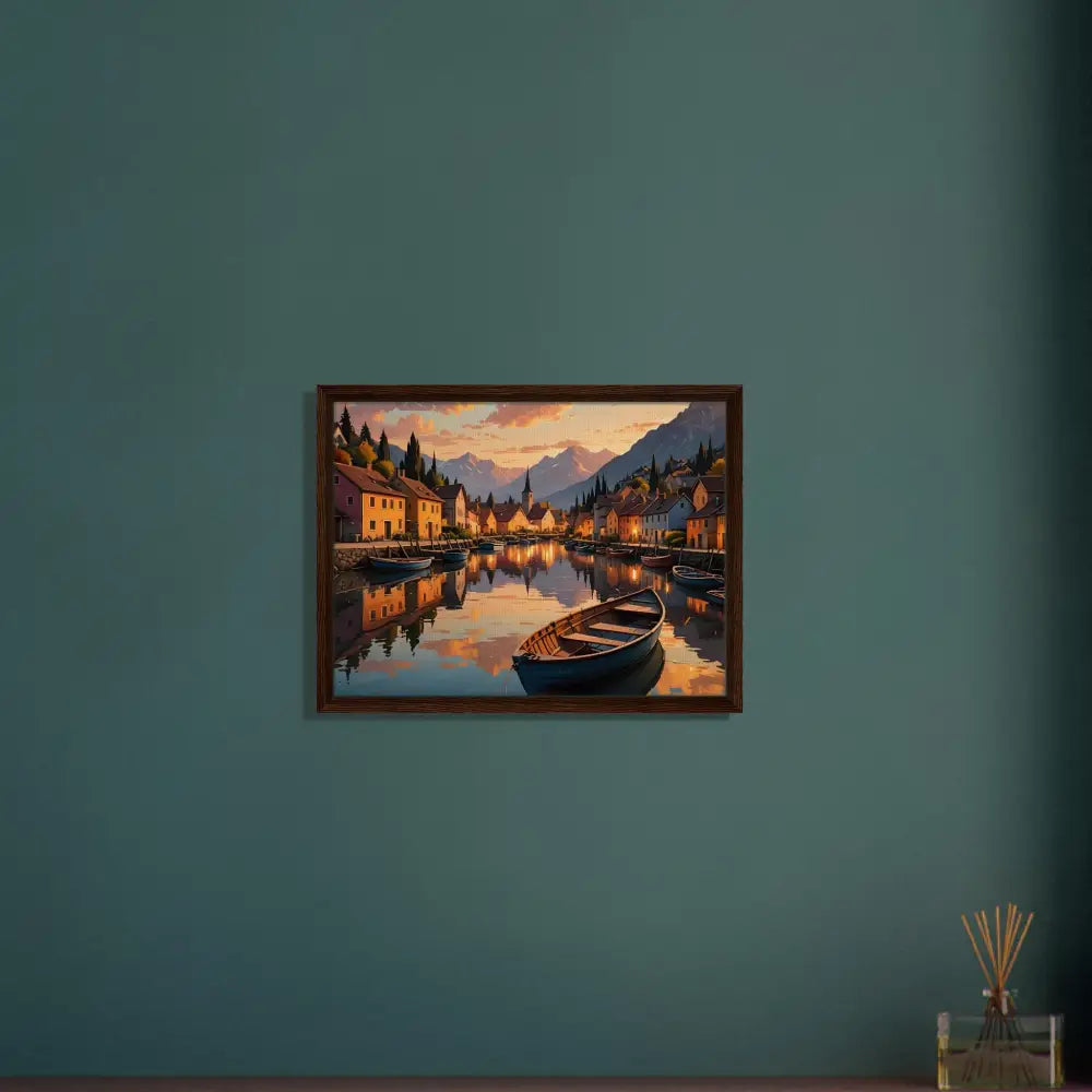 Framed lakeside village painting in PixiOnyx Twilight Frame for elegant home decor