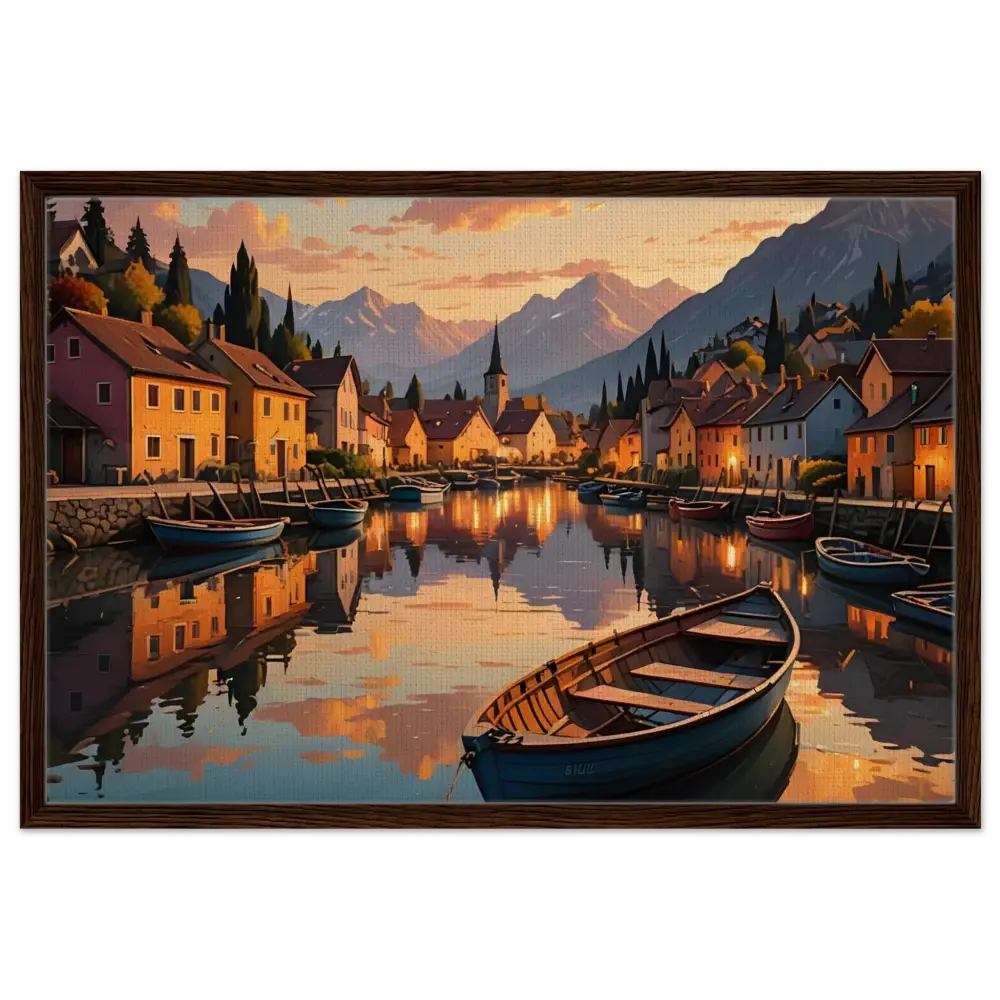 Framed village canal painting displayed in PixiOnyx Gallery Twilight Frame
