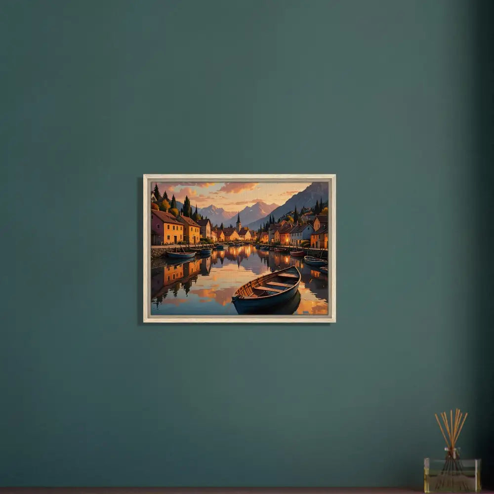 Framed painting of a lakeside village on the PixiOnyx Gallery Twilight Frame