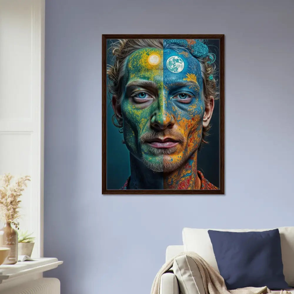 Framed canvas of a surreal portrait featuring a man with Sun and Moon face paint