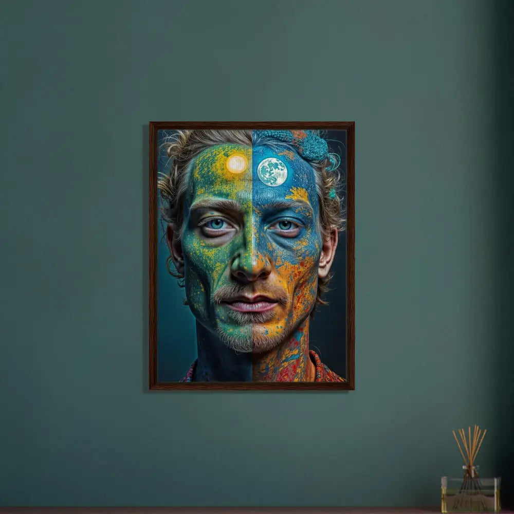 Framed surreal portrait of man with sun and moon face paint in floating frame art