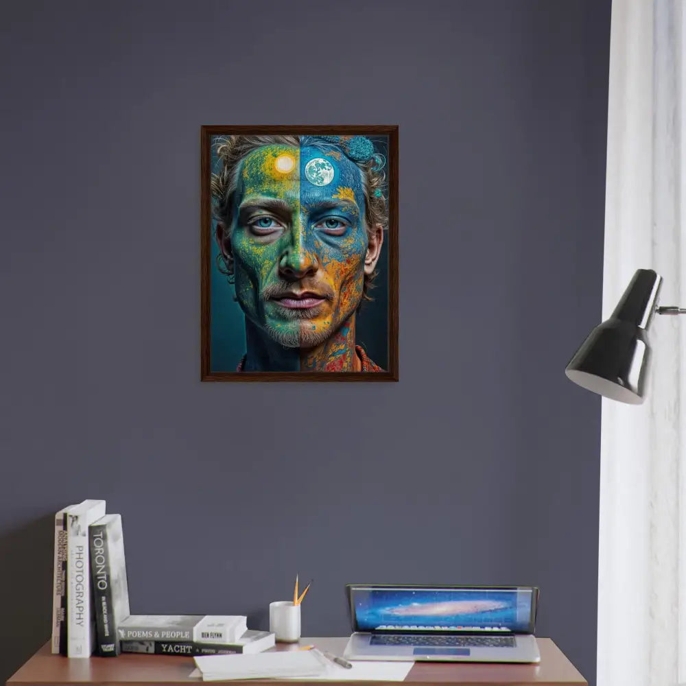 Framed surreal portrait of a man with sun and moon face paint in floating frame