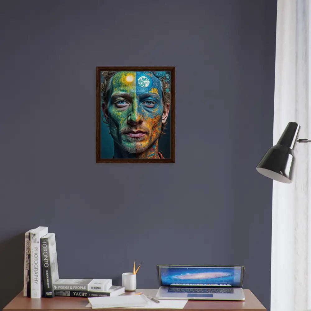 Framed Canvas Surreal Portrait of Man with Sun and Moon Imagery in Floating Frame