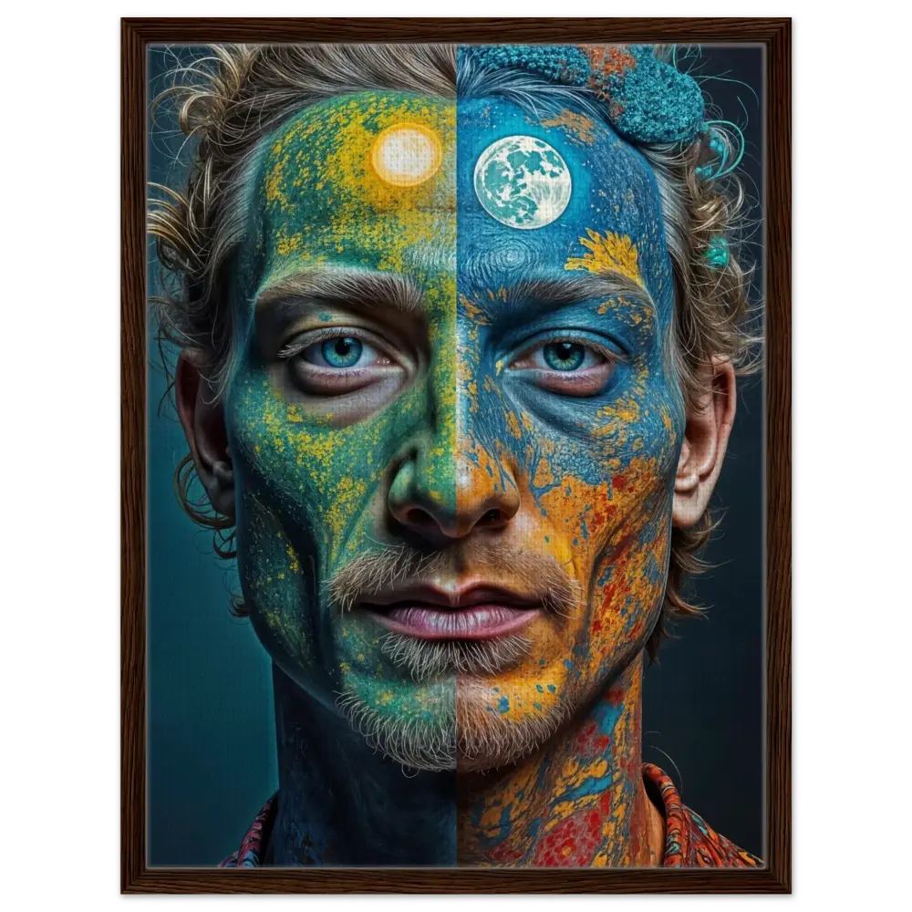 Framed canvas showcasing a surreal portrait of a man with sun and moon face paint