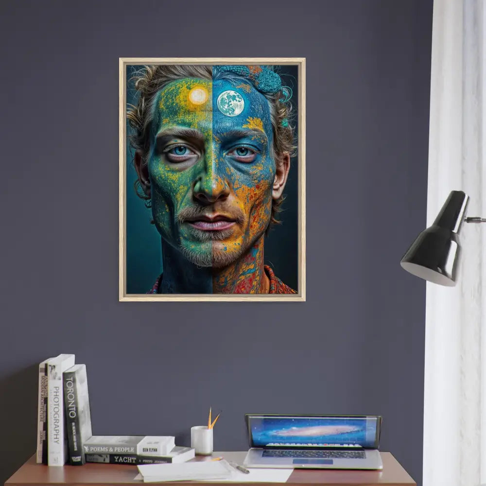 Framed canvas of a surreal portrait of a man with sun and moon face paint in a floating frame