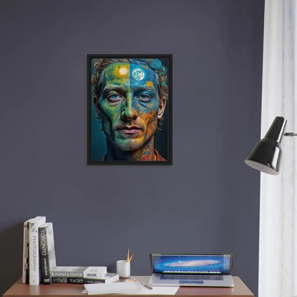 Framed surreal portrait of a man with sun and moon face paint in floating frame