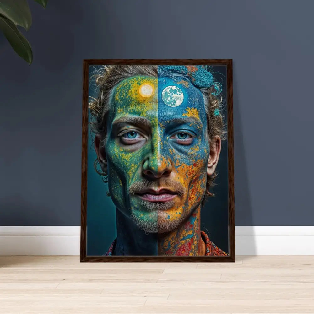 Framed surreal portrait of a man with sun and moon face paint in floating frame