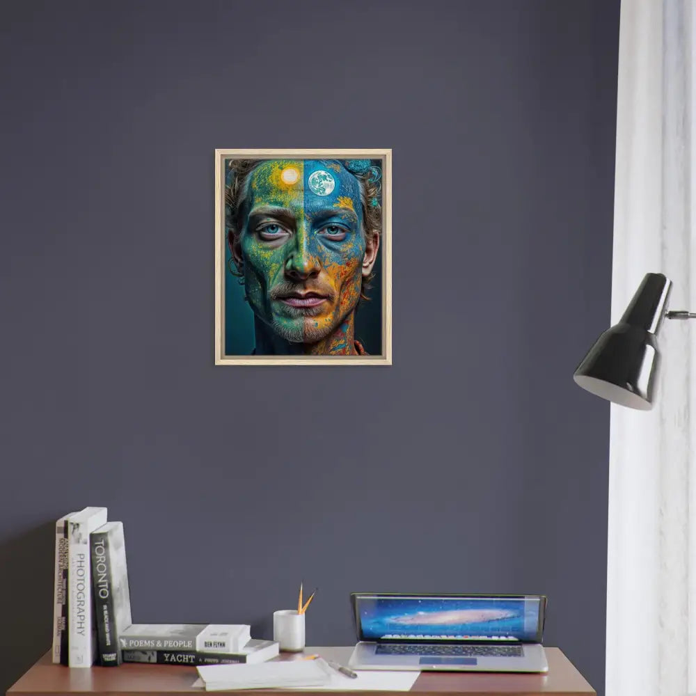 Framed Canvas Surreal Portrait of a Man with Sun and Moon Imagery in Floating Frame