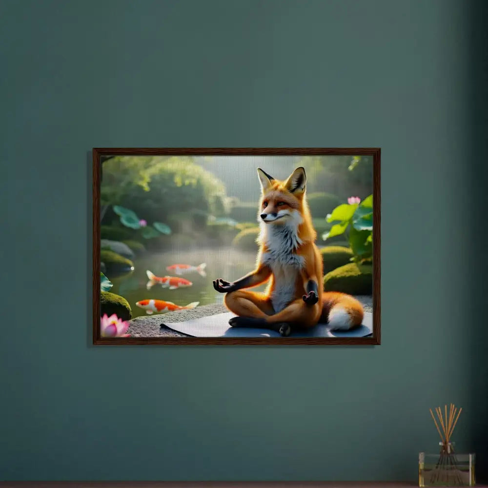 Framed Canvas Foxasana of a fox meditating by a pond from PixiOnyx Garden Shrine Series