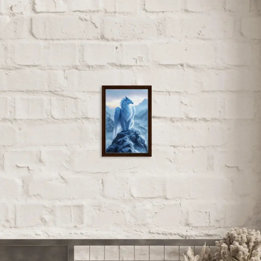 Framed fantasy art of Frostpeak Gryphon displayed on a PixiOnyx Canvas