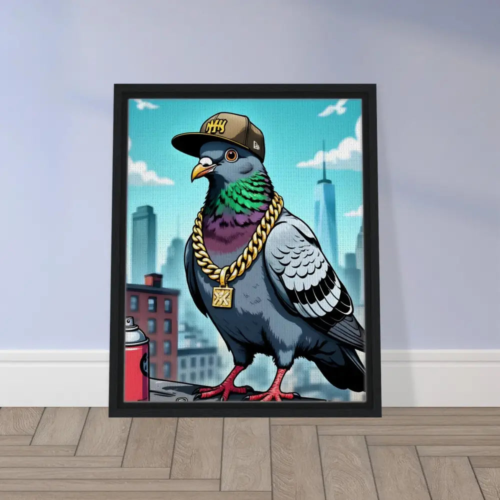 Framed pigeon art displayed on a PixiOnyx Deluxe Street Scene Canvas