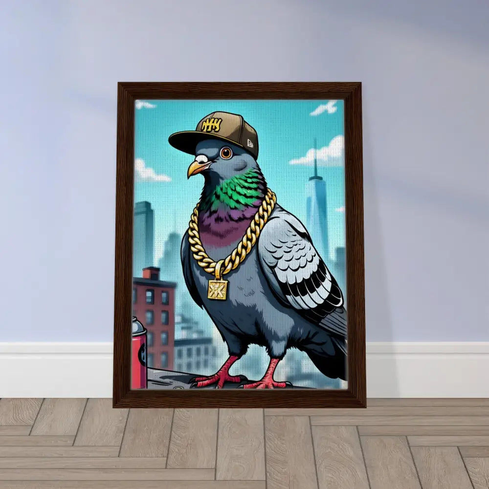 Framed pigeon art on canvas titled Gangster Pigeon Skyline in PixiOnyx Deluxe Street Scene