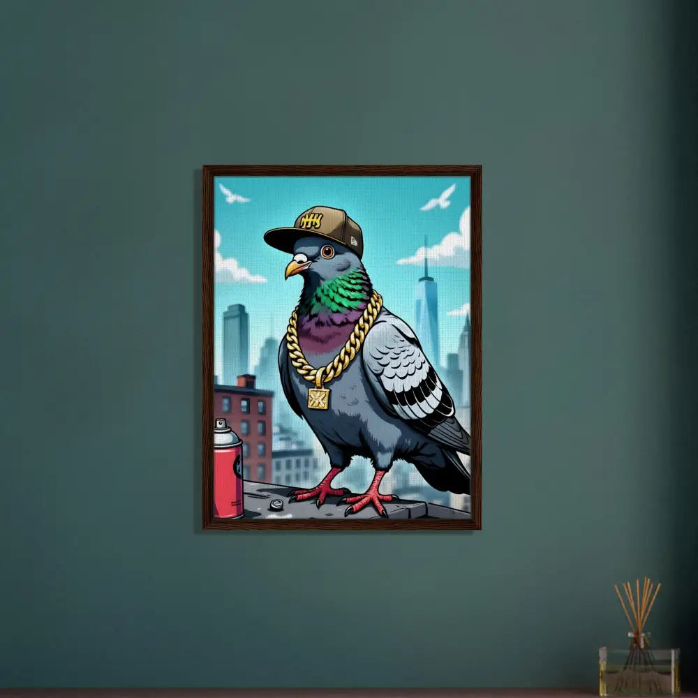 Framed pigeon art displayed on PixiOnyx Deluxe Street Scene canvas product