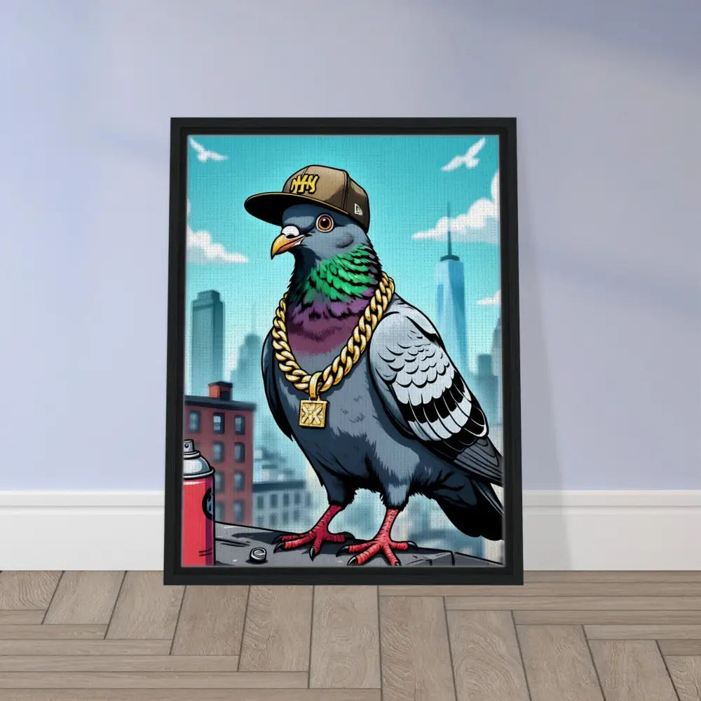 Framed pigeon art displayed on PixiOnyx Deluxe Street Scene canvas artwork