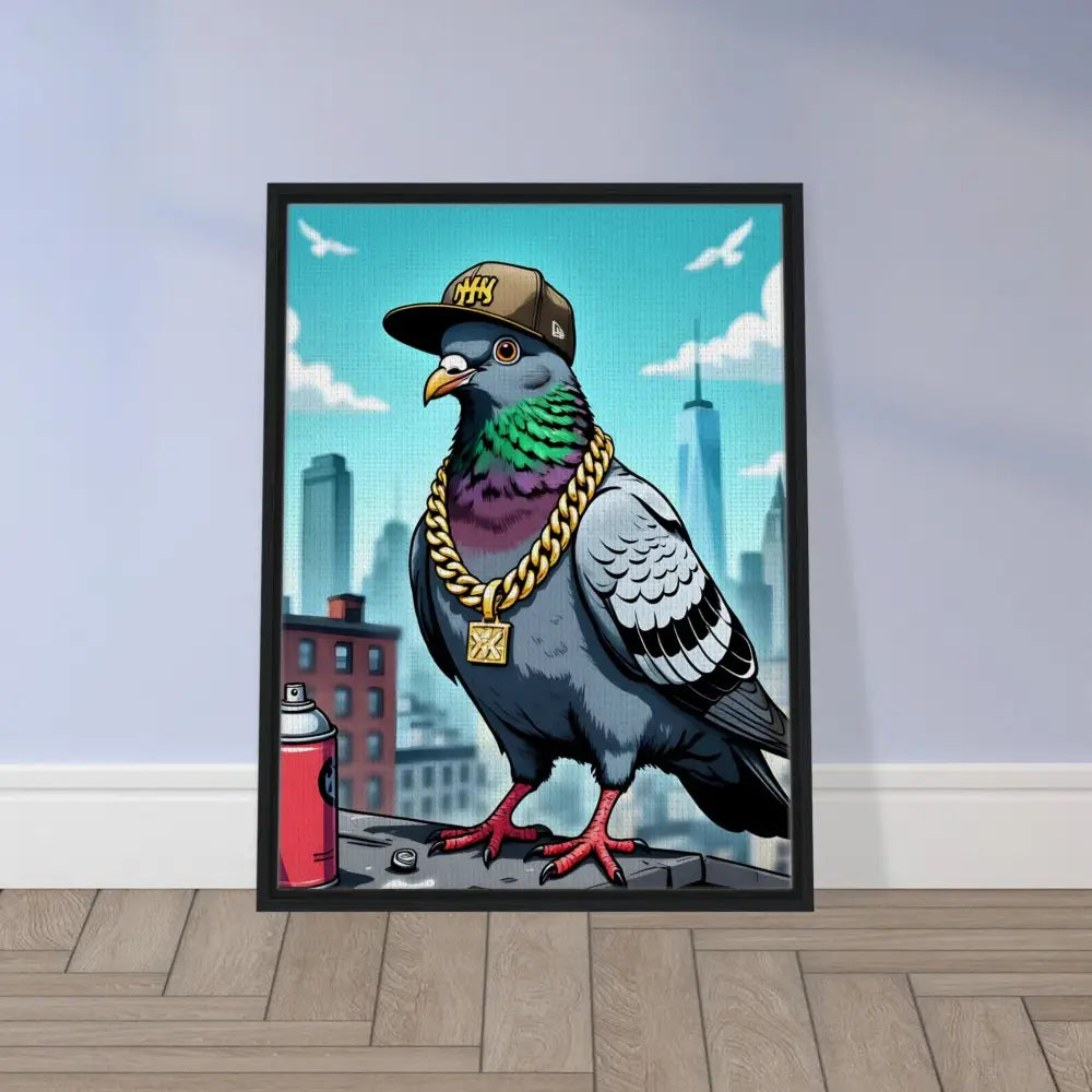 Framed pigeon art from PixiOnyx Deluxe Street Scene collection showing a street skyline with pigeons
