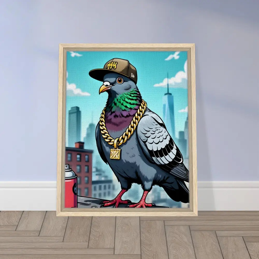 Framed pigeon art on canvas featuring a gangster pigeon skyline for PixiOnyx Deluxe Street Scene