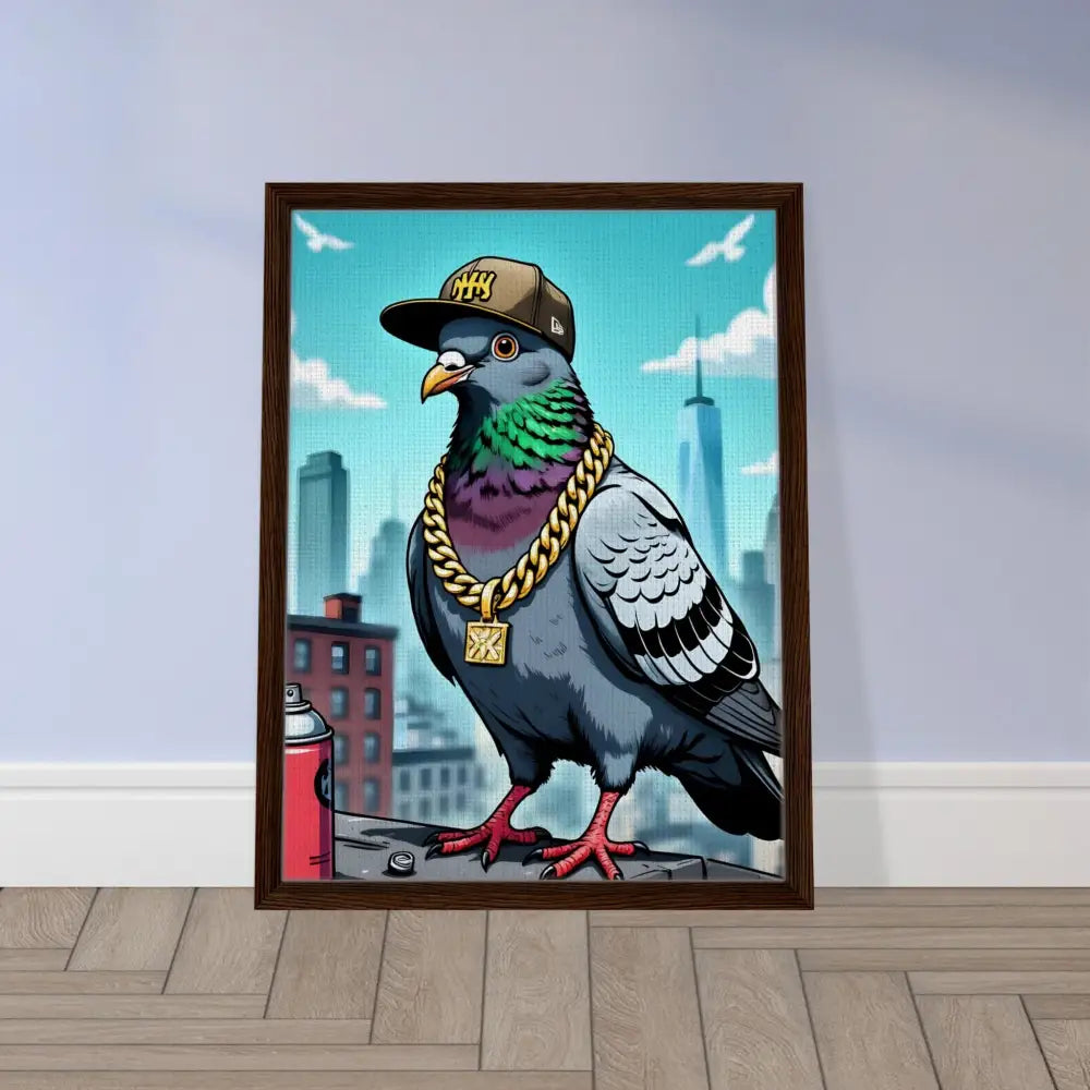 Framed cartoon pigeon with gold chain and baseball cap in PixiOnyx Deluxe Street Scene artwork
