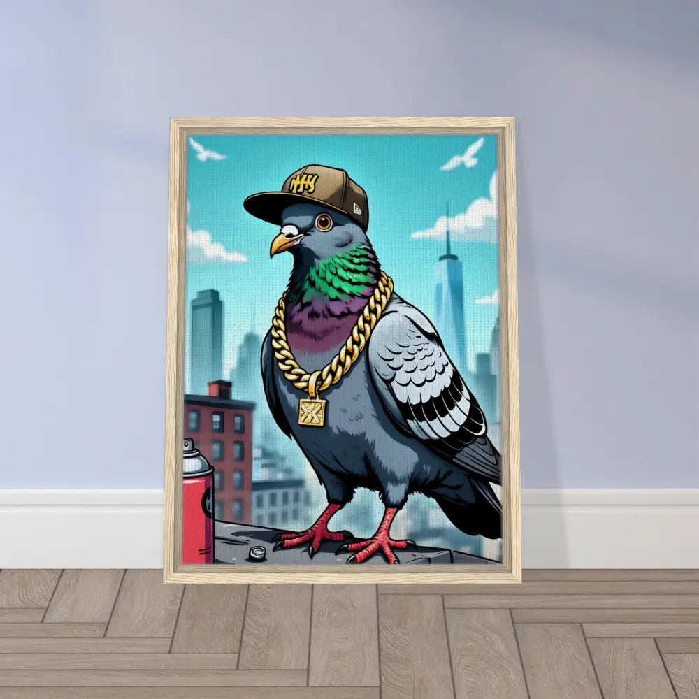 Framed pigeon art on Canvas titled Gangster Pigeon Skyline in PixiOnyx Deluxe Street Scene