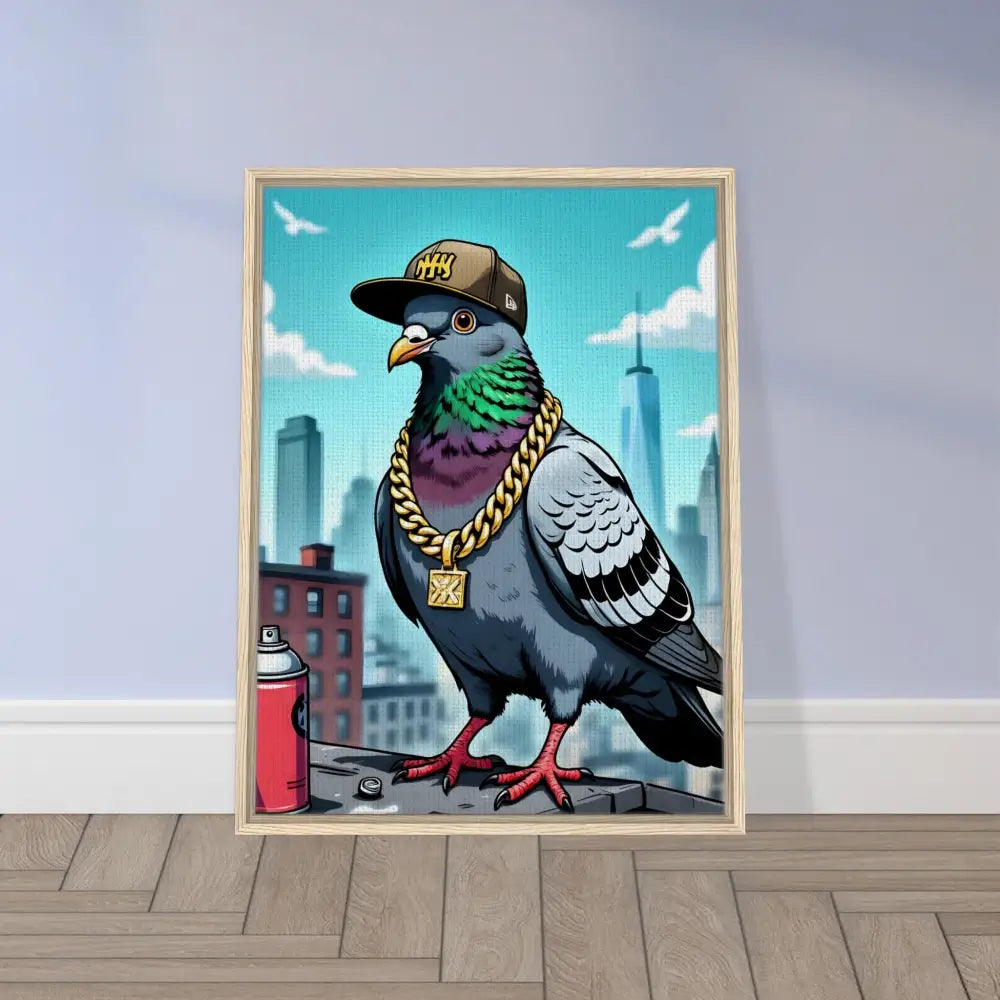 Framed pigeon art on canvas featuring Gangster Pigeon Skyline for PixiOnyx Deluxe Street Scene