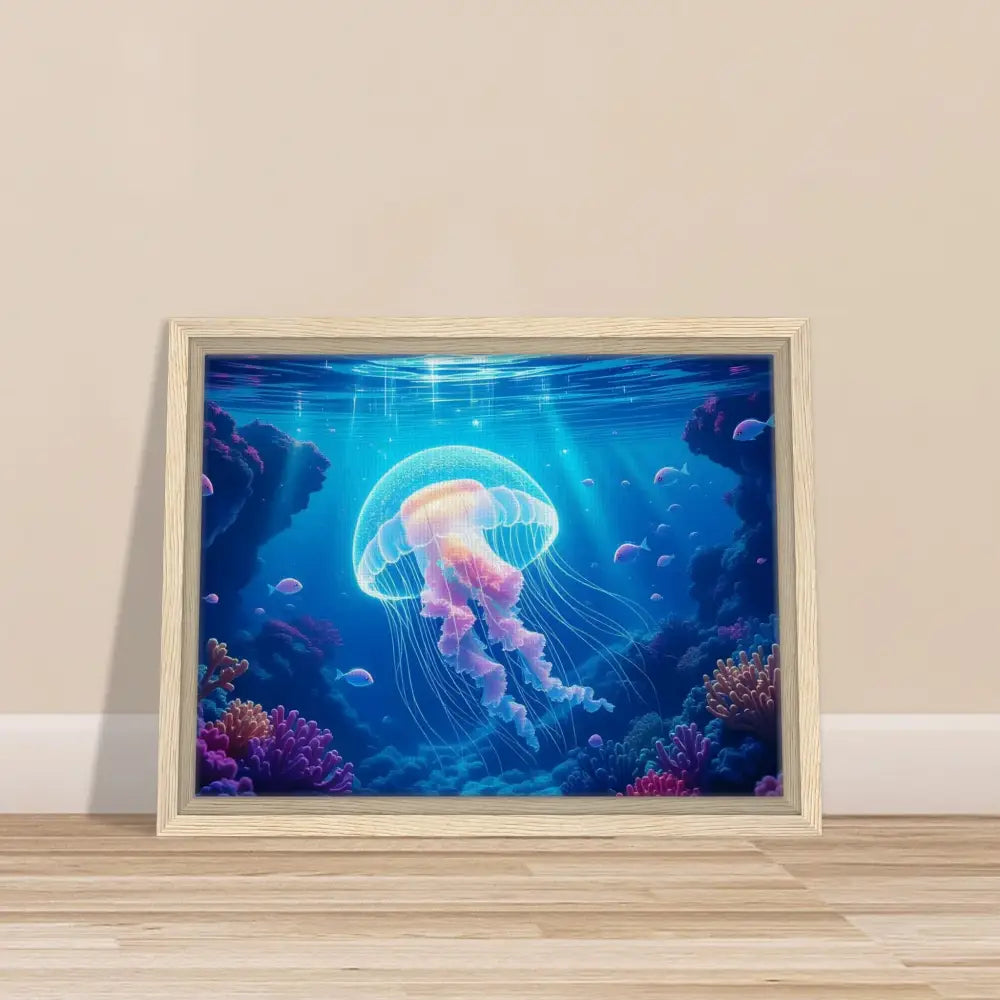 Framed jellyfish artwork titled Glowing Wanderer Cosmic Drift on PixiOnyx Ocean Reverie canvas