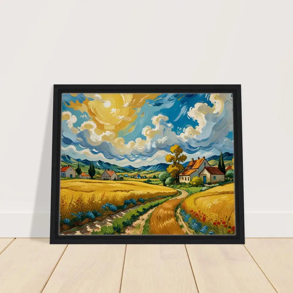 Framed landscape painting titled Golden Fields Reverie on PixiOnyx Pastoral Dreamscape canvas